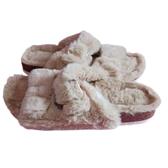 Fitory Faux Fur  Open-Toe Slide Slippers W/ Adjustable Strap Camel Sz 6 - Picture 4 of 8